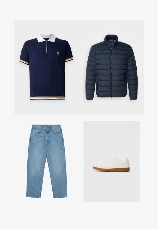 Veste rembourrée bleu marine avec des coutures horizontales, col montant, fermeture éclair à l'avant et poches latérales zippées. Fabriqué en matériau léger et isolant.; Polo navy avec col blanc, design à fermeture éclair quart, et tissu texturé. Dispose d'accents rayés en or et blanc sur les manches.; Jean en denim bleu clair avec une coupe droite, design cinq poches et une texture légèrement délavée. Dispose d'une fermeture à bouton et à glissière.; Baskets blanches avec un capuchon en daim, un dessus en synthétique lisse et une semelle en caoutchouc marron. Présente des perforations sur les côtés pour une meilleure respirabilité.
