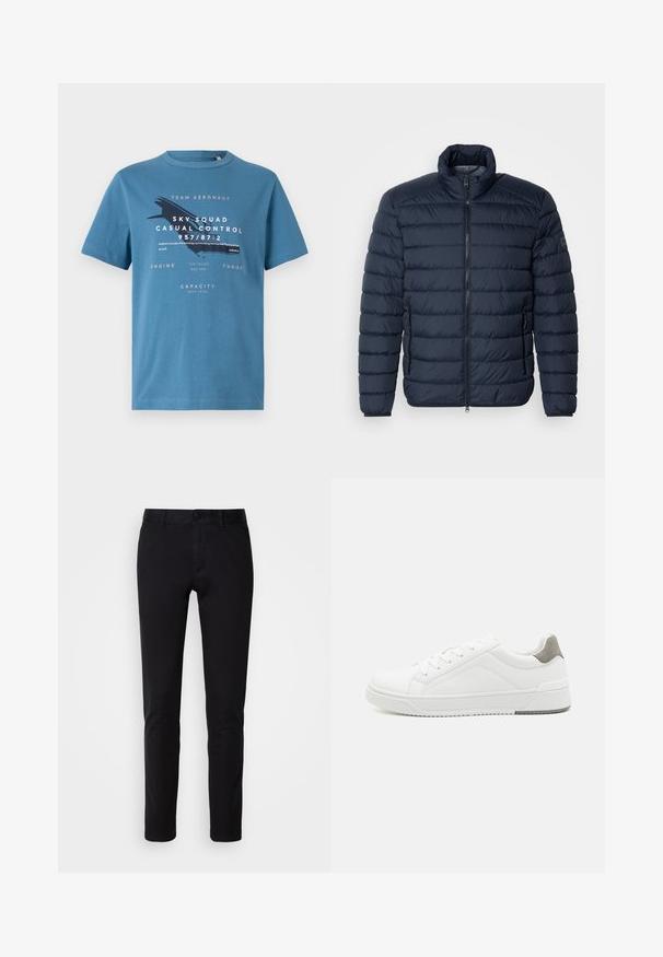 Dunkelblaues Steppjacke mit horizontaler Paspelierung, hohem Kragen, Frontreißverschluss und seitlichen Reißverschlusstaschen. Hergestellt aus leichtem, isoliertem Material.; Blaues Baumwoll-T-Shirt mit kurzen Ärmeln, das auf der Vorderseite grafischen Text und ein Flugzeugdesign zeigt. Rundhalsausschnitt und normale Passform.; Schwarze Hosen aus glattem Baumwollstoff, mit geradem Bein, Fronttaschen, Knopfverschluss und sauberem Finish.; Weißer Sneaker aus glattem Leder, runde Zehenpartie, minimalistisches Design, graue Fersenkante und strukturierte Gummisohle.