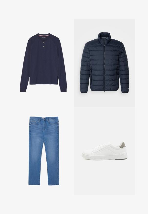 Chaqueta acolchada de color azul marino con costuras horizontales, cuello alto, cremallera frontal y bolsillos laterales con cremallera. Fabricada con material aislante y ligero.; Camiseta henley de manga larga azul marino con escote redondeado, tapeta con dos botones y puños acanalados. Textura suave, diseño casual.; Jeans de mezclilla azul claro con corte recto, diseño de cinco bolsillos, un ligero desgaste y detalles en metal en la cintura y los bolsillos.; Zapatilla blanca con material de cuero liso, punta redonda, diseño minimalista, acento gris en el talón y suela de goma texturizada.