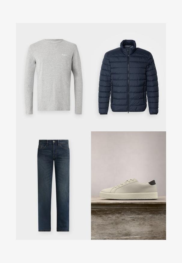 Veste rembourrée bleu marine avec des coutures horizontales, col montant, fermeture éclair à l'avant et poches latérales zippées. Fabriqué en matériau léger et isolant.; T-shirt gris clair à manches longues avec col rond et petit logo blanc "Pepe Jeans London" sur le côté gauche de la poitrine.; Jean droit en denim bleu foncé avec fermeture par bouton et zip, poches avant et arrière, présenté sur fond blanc.; Baskets blanches avec semelle texturée et détail noir au talon, flottant au-dessus d'un banc en bois avec de hautes herbes vertes en arrière-plan.