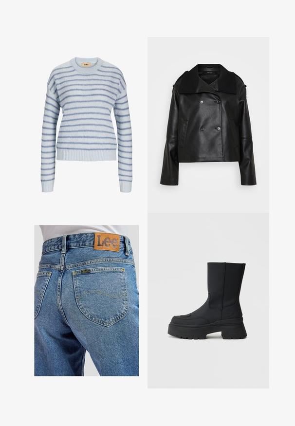Schwarze Lederjacke mit gekürztem Schnitt, doppelreihigem Verschluss, großem Kragen, seitlichen Taschen und Rippenelementen am Kragen und an den Ärmeln.; Hellblauer Strickpullover mit horizontalen Streifen in dunklerem Blau. Verfügt über einen runden Ausschnitt sowie gerippte Bündchen und Saum. Weiche Textur.; Blaue Jeans aus Denim mit Gesäßtaschen, die gelbe Nähte und ein braunes Lederpatch der Marke Lee am Bund aufweisen.; Schwarze Knöchelstiefel mit einer dicken Plattformsohle, aus glattem Synthetikmaterial gefertigt. Mit gesteppten Details und einem Logo an der Seite.