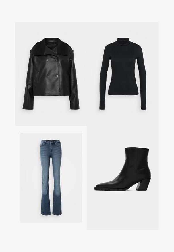 Sort læder cropped jakke med dobbeltradet front, stor krave, sidelommer og ribbede detaljer ved kraven og manchetterne.; Sort langærmet ribbestrikket sweater med høj hals og tætsiddende silhuet på en lys ensfarvet baggrund.; Bootcut jeans lavet af blåt denim. Har en mid-rise talje, fem lommer, diskrete syninger og et let falmet udseende på benene.; Sortlæder ankelstøvle med spids tå, en slank silhuet og en kraftig firkantet hæl. Glat tekstur med minimale stikninger.