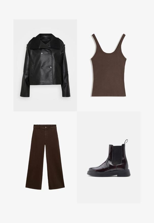 Schwarze Lederjacke mit gekürztem Schnitt, doppelreihigem Verschluss, großem Kragen, seitlichen Taschen und Rippenelementen am Kragen und an den Ärmeln.; Braunes geripptes Damen-Top mit breiten Schulterträgern und rundem Ausschnitt, flach auf weißem Hintergrund liegend.; Braune, weit geschnittene Hosen aus Baumwollmischung mit fransigem Saum, vorderem Knopfverschluss und klassischem Fünf-Taschen-Design. Minimalistisch und vielseitig.; Chelsea-Stiefel aus dunkelburgunderrotem Lackleder mit elastischen Seitenpaneelen, runder Zehenpartie, Zuglasche und einer massiven schwarzen Gummisohle.