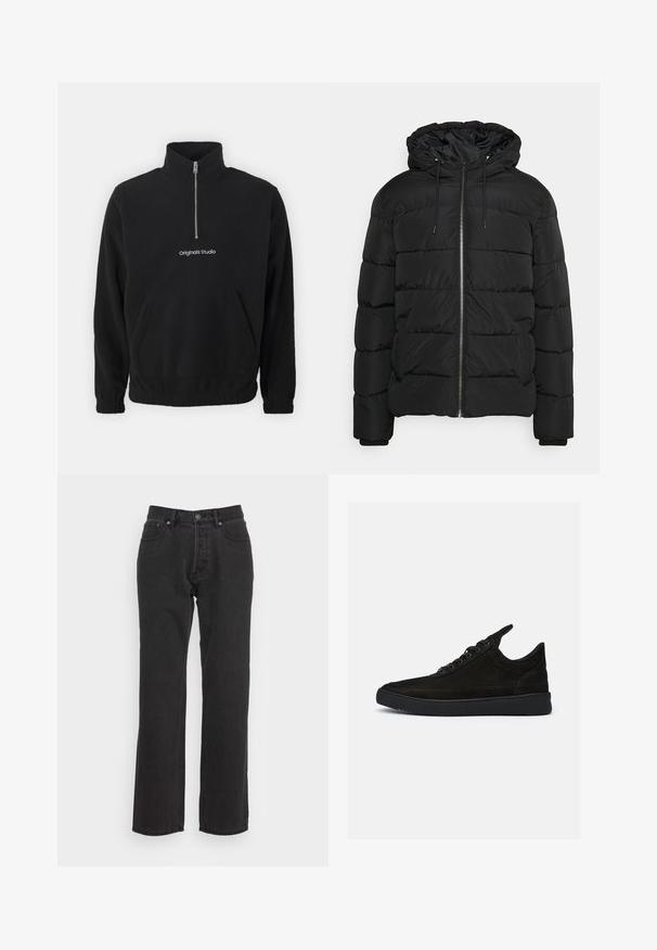Doudoune noire avec capuche, doté d'un zip sur le devant, de poignets élastiqués et d'un design matelassé. Fabriquée en matériau léger et isolant.; Pull léger en polaire noir avec un col haut et un zip à mi-hauteur à l'avant. Présente une poche kangourou à l'avant et un logo brodé "Originals Studio".; Jean en denim noir avec une coupe droite, dotés d'une fermeture à bouton à l'avant, de passants de ceinture et de deux poches latérales. Tissu texturé.; Baskets en daim noir à profil bas, avec un bout rond et une semelle en caoutchouc texturé. Comprend cinq œillets et une languette à l'arrière.