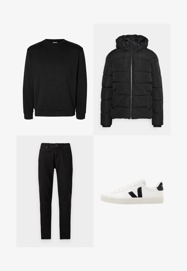Must have kapuutsiga must puffer-jakk, millel on tõmblukk esiküljel, elastsed mansetid ja tikandiga disain. Valmistatud kergetest isoleeritud materjalidest.; Must rihmikuga pullover ümara kraega, soonikkoes mansettide ja äärega, lihtsa disainiga, ilma nähtavate logode või mustriteta.; Mustad kitsad teksapüksid ees nupuvajutuse ja tõmblukuga, vööaasad ning kaks esimest taskut valgel taustal nähtavad.; Valge nahast tennis, millel on mustast sametist detailid; omab kummist tallato, ümmargust nina ja klassikalist nööpidega kinnihoidmist. Külgmine logo musta värviga.