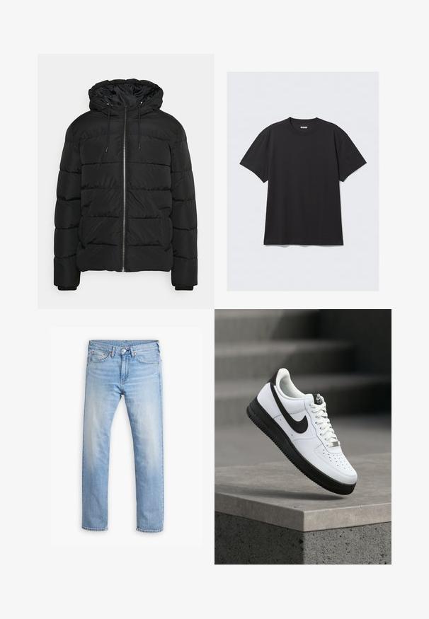 Doudoune noire avec capuche, doté d'un zip sur le devant, de poignets élastiqués et d'un design matelassé. Fabriquée en matériau léger et isolant.; T-shirt noir à manches courtes en coton. Il présente un col rond et une coupe décontractée. Design simple sans motifs ni accents visibles.; Jean en denim bleu clair avec une coupe droite, cinq poches et un bouton de fermeture. Présente un léger délavage et des accents de couture orange.; Baskets en cuir blanc avec accents noirs, bout arrondi et détails perforés. Semelle en caoutchouc noire avec motif texturé et fermeture à lacets.
