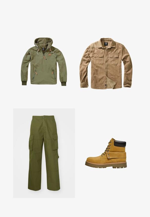 Veste légère pullover vert olive avec capuche, poignets élastiques, deux zips latéraux et tirettes de zip et accents orange contrastants.; Chemise en velours côtelé beige à manches longues, fermeture à boutons, deux poches sur la poitrine et texture côtelée subtile. Présente une étiquette de marque en bas.; Pantalons cargo vert olive en tissu résistant, avec deux poches latérales, une coupe décontractée et une fermeture à boutons à la taille.; Botte de travail beige avec col noir rembourré, laçage à l'avant, rabat replié maintenu par des œillets métalliques et semelle épaisse en caoutchouc crantée.