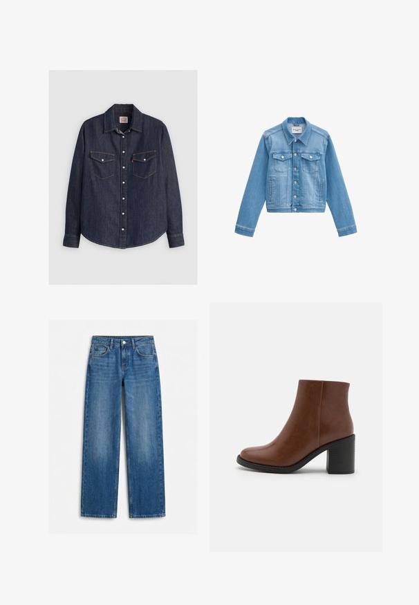 Veste en jean bleu clair avec fermeture à boutons, deux poches à rabat sur la poitrine, poches latérales et col classique.; Chemise en denim bleu foncé à manches longues, avec un devant à boutons, deux poches poitrine avec rabats et des coutures jaunes contrastantes.; Jean bleu droit avec poches avant, passants de ceinture et fermeture par bouton, présenté à plat sur un fond blanc.; Bottine en cuir marron avec un bout arrondi, une tige texturée et un talon noir épais. Fini lisse et design minimaliste.