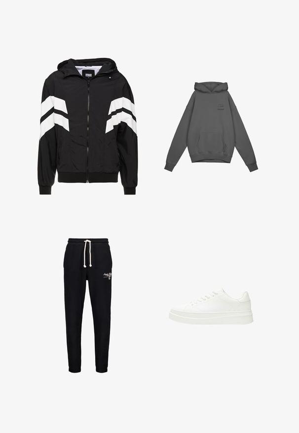 Schwarze Windjacke mit weißen diagonalen Streifen, Reißverschluss, Kapuze, elastischen Bündchen und einem einfarbigen schwarzen Saum. Das Material scheint leicht zu sein.; Pegador HAWKINS OVERSIZED HOODIE - Kapuzenpullover - vintage anthracite; Schwarze Baumwoll-Sweatpants mit elastischem Bund, Kordelzug und Seitentaschen. Mit weißem Drucktext auf dem linken Oberschenkel.; Weiße Sneaker mit einem glatten Lederoberteil, flachen Schnürsenkeln und einer dicken Gummisohle. Das minimalistische Design verfügt über subtile Nähte und nahtlose Akzente.
