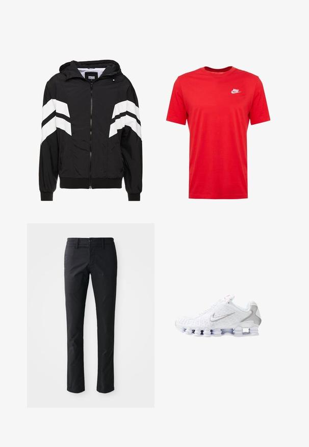 Schwarze Windjacke mit weißen diagonalen Streifen, Reißverschluss, Kapuze, elastischen Bündchen und einem einfarbigen schwarzen Saum. Das Material scheint leicht zu sein.; Rotes Baumwoll-T-Shirt mit Rundhalsausschnitt und kurzen Ärmeln, featuring ein weißes Nike-Logo auf der linken Brustseite. Glatte Textur und lässiges Design.; Schwarze gerade geschnittene Hose aus glattem Stoff mit einem einzelnen Knopfverschluss und Gürtelschlaufen. Minimalistisches Design ohne sichtbare Muster.; Weiße Sportschuhe mit einer strukturierten Oberseite, einem silbernen Swoosh-Logo, Mesh-Einsätzen und einer markanten, segmentierten weißen Sohle.