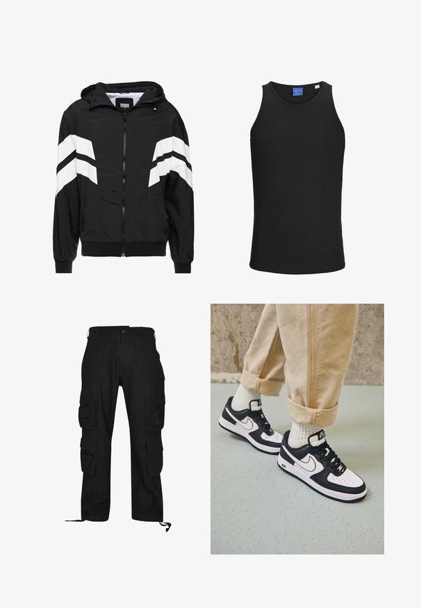 Schwarze Windjacke mit weißen diagonalen Streifen, Reißverschluss, Kapuze, elastischen Bündchen und einem einfarbigen schwarzen Saum. Das Material scheint leicht zu sein.; Schwarzes Tanktop aus geripptem Stoff, mit einem Rundhalsausschnitt und ärmellosem Design. Schlichte, klare Linien ohne Verzierungen.; Schwarze Cargo-Hosen aus strapazierfähigem Material, mit mehreren Seitentaschen, lässiger Passform und verstellbaren Fußgelenkriemen.; Schwarz-weiße Nike Air Force 1 Sneaker mit einem Obermaterial aus Leder, perforierter Zehenpartie und strukturiertem Sohlendesign, getragen mit aufgerollten beigen Hosen und weißen Socken.