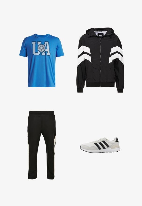 Schwarze Windjacke mit weißen diagonalen Streifen, Reißverschluss, Kapuze, elastischen Bündchen und einem einfarbigen schwarzen Saum. Das Material scheint leicht zu sein.; Blaues Baumwoll-T-Shirt mit großen "UA"-Buchstaben und einem runden Abzeichen-Design darunter. Kurze Ärmel und ein Rundhalsausschnitt. Glatte Textur.; Schwarze Sportleggings aus weichem Stoff mit seitlichen Taschen und einem kontrastierenden weißen Streifen entlang der äußeren Nähte. Mit elastischem Bund.; Weiße Sportschuhe mit schwarzen Streifen. Hergestellt aus Mesh und Wildleder, mit Gummisohle und gepolstertem Kragen für Komfort. Klassisches Design.