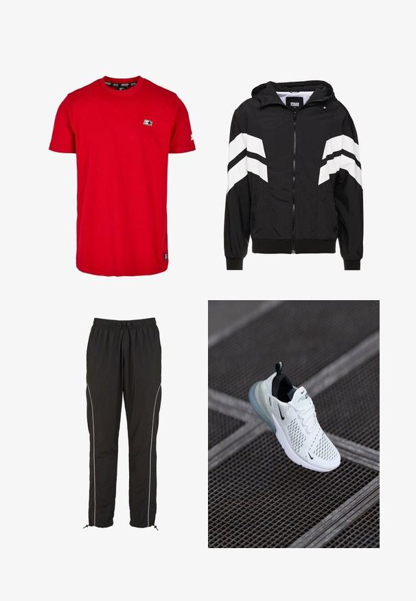 Sort vindjakke med hvide skrå striber, lynlås, hætte, elastiske manschetter og en ensfarvet sort kant. Materialet virker let.; Rød bomulds t-shirt med rund hals, korte ærmer og et lille sort logo på venstre bryst og ærme. Glat, ensfarvet stof.; Sorte træningsbukser med elastisk talje, snoretræk og hvide piping langs siderne. Har justerbare manchetter med toggles.; Hvide atletiske sneakers med perforeret mesh-overdel, sorte accenter, synlige snørebånd og en gennemsigtig luftdæmpningssål.