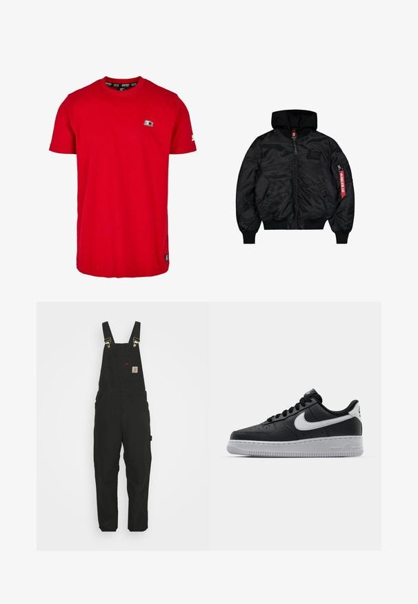 Sort bomberjakke med hætte, lynlåslukning, ribbede manchetter og kant. Har et patch og et rødt mærke på ærmet. Glat nylon tekstur.; Rød bomulds t-shirt med rund hals, korte ærmer og et lille sort logo på venstre bryst og ærme. Glat, ensfarvet stof.; Sorte bomuldsoveralls med justerbare stropper, en forlommes med logo patch og to sidelommer i en afslappet pasform.; Sort lædersneaker med tekstureret overflade, hvid Nike swoosh, grå sål, rund tå og snørebåndsdesign. Har perforeringer på tåboksen.