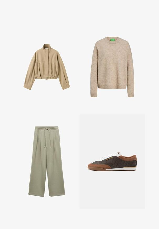 Beige lyhyt takki, jossa pitkät hihat, korkea kaulus, edessä vetoketju ja säädettävä vyö vyötäröllä valkoisella taustalla.; Beige neulotusviitta, jossa on pyöreä pääntie, ribbineuleiset hihansuut ja helma. Pehmeä rakenne ja löysä istuvuus. Vihreä label näkyvissä kauluksessa.; Vaaleanvihreät, leveälahkeiset collegehousut, joissa on pehmeä kangas. Ominaisuuksina säätönyöri vyötäröllä, laskokset ja rento malli. Ei näkyviä taskuja.; Matalaprofiilinen ruskea- ja valkoinen tennari, jossa Michael Korsin logo, kuviolliset sivupaneelit, mokkayksityiskohdat ja kultaiset reunukset valkoisessa pohjassa.