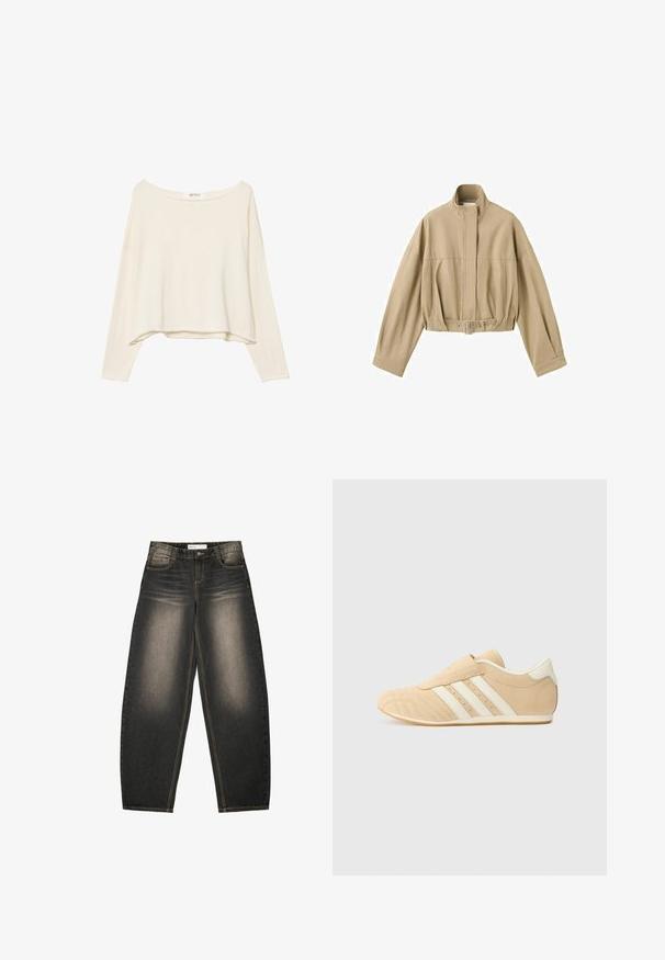 Beige cropped jakke med lange ærmer, høj krave, frontlynlås og justerbart bælte i taljen på hvid baggrund.; Lys beige cropped sweatshirt med bred halsudskæring, lange ærmer og et blødt, tekstureret stof. Har en afslappet, boxy pasform.; Grå denim bredbenede jeans med let lysning, fem lommer, kontraststing og en afslappet pasform. Ingen synlige mønstre eller udsmykninger.; Brune og creme atletiksko med overdel i glat læder, tre hvide striber på siden og en rund tå. Tekstureret overdel med perforeringer.