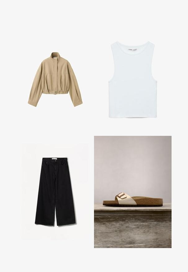 Beige kurze Jacke mit langen Ärmeln, hohem Kragen, Front-Reißverschluss und verstellbarem Gürtel in der Taille auf weißem Hintergrund.; Weißes ärmelloses Crop-Top mit rundem Ausschnitt, aus glattem Stoff, mit dem Label Pull&Bear, geeignet für den Alltag.; Schwarze weit geschnittene Jeans aus Denim. Mit hoher Taille, Vorder- und Gesäßtaschen sowie silberfarbener Hardware an der Knopf- und Reißverschlussöffnung.; Slide-Sandale mit einem leichten metallischen Obermaterial, Korkfußbett und strukturiertem braunem Gummisohle. Schnalle mit Logo-Akzent.