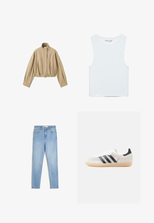 Beige cropped jakke med lange ærmer, høj krave, frontlynlås og justerbart bælte i taljen på hvid baggrund.; Hvid ærmeløs crop top med rund halsudskæring, lavet af glat stof, mærket Pull&Bear, egnet til afslappet brug.; Lyseblå denimjeans med høj talje, slanke ben, frontlommer og lynlåsgylf. Stoffet har en subtil falmet vask.; Hvide mesh-sneakers med sort tre-stribet design, rundet tå og gummisål. Har blød hælkant og snørelukning.