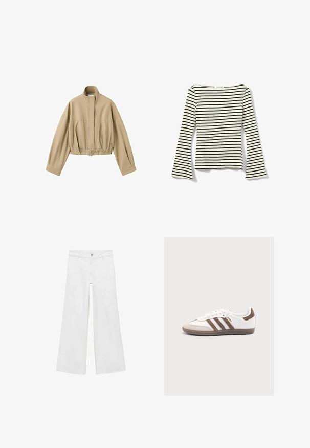 Veste courte beige à manches longues, col montant, fermeture éclair à l'avant et ceinture ajustable à la taille sur fond blanc.; Haut à manches longues avec une base blanc cassé et des rayures horizontales noires. Doté d'un col bateau et de manches évasées. Tissu doux au toucher.; Jean blanc à jambes larges, avec une fermeture à boutons et cinq poches, confectionné dans un denim à la texture lisse, arborant un design classique.; Baskets blanches Adidas Samba avec des bandes en daim marron, un patch marron au talon, un bout beige et une semelle en caoutchouc translucide, vues de côté.
