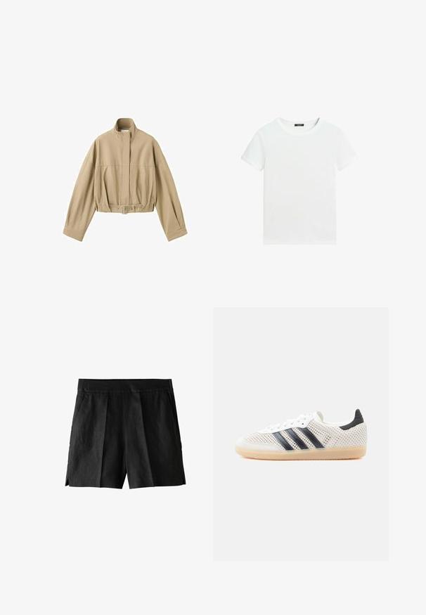 Beige cropped jas met lange mouwen, hoge kraag, rits aan de voorkant en verstelbare riem in de taille op een witte achtergrond.; Effen wit T-shirt met korte mouwen, een ronde hals en een klein zwart labeltje aan de binnenkant van de kraag.; Zwarte linnen shorts met een geplooide voorkant, zijzakken en een ontspannen pasvorm. De stof heeft een gladde textuur en een casual ontwerp.; Witte sneakers van mesh met een zwart ontwerp van drie strepen, een ronde neus en een rubberen gumzool. Voorzien van een zachte hielkraag en een vetersluiting.