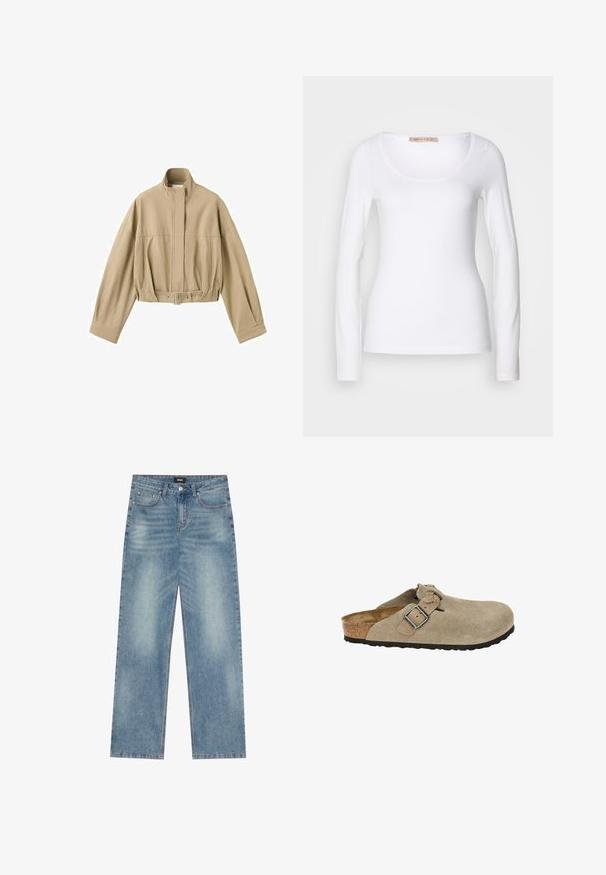Chaqueta corta beige con mangas largas, cuello alto, cremallera frontal y cinturón ajustable en la cintura sobre un fondo blanco.; Camiseta de algodón blanca de manga larga con escote redondeado y un diseño ajustado, de textura suave y sin adornos.; Jeans de mezclilla de color azul claro con un corte relajado, pierna recta, cinco bolsillos y costuras en contraste. Cuentan con un cierre de botón y cremallera.; Zuecos de ante beige con punta redondeada, correa ajustable y hebilla, media suela de corcho y suela de goma negra texturizada para mayor tracción.