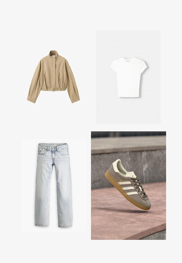 Beige kurze Jacke mit langen Ärmeln, hohem Kragen, Front-Reißverschluss und verstellbarem Gürtel in der Taille auf weißem Hintergrund.; Weißes kurzärmliges T-Shirt aus weicher Baumwolle, mit Rundhalsausschnitt und figurbetonter Form. Keine sichtbaren Muster oder Verzierungen.; Hellblaue Denim-Jeans mit lockerer Passform, hoher Taille und fünf Taschen. Mit Stitching-Akzenten und einem Knopfverschluss.; Hellbrauner Adidas-Sneaker aus Wildleder mit weißen Streifen und einer braunen Gummisohle, schwebt über rosa Steinstufen im Freien.