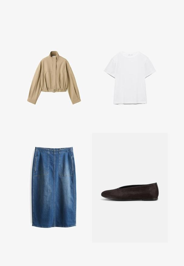 Beige cropped jas met lange mouwen, hoge kraag, rits aan de voorkant en verstelbare riem in de taille op een witte achtergrond.; Effen wit T-shirt met korte mouwen en ronde hals, met een rechte zoom, gepresenteerd tegen een witte achtergrond.; Jeansrok met een rechte pasvorm, in een medium blauwe wassing, voorzien van twee grote voorzakken en zichtbaar stiksel langs de naden.; Zwarte platte schoen met een afgeronde neus en lage hak, met een glad, licht getextureerd oppervlak en een eenvoudig instapmodel.