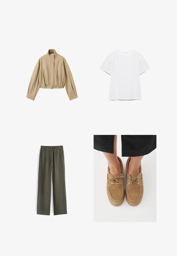 Beige kurze Jacke mit langen Ärmeln, hohem Kragen, Front-Reißverschluss und verstellbarem Gürtel in der Taille auf weißem Hintergrund.; Unifarbenes weißes T-Shirt mit kurzen Ärmeln und Rundhalsausschnitt, gerader Saum, dargestellt auf weißem Hintergrund.; Olivgrüne, weit geschnittene Hose mit einem elastischen Bund und zwei vorderen Taschen. Glattes Gewebe mit minimaler Textur und einer lässigen Passform.; Braune Wildlederschuhe mit abgerundetem Zehenbereich, strukturierten Schnürsenkeln und goldfarbenen Ösen, vor hellem Hintergrund.