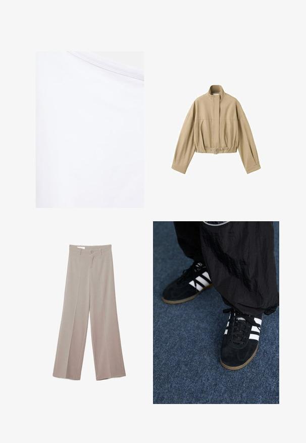Veste courte beige à manches longues, col montant, fermeture éclair à l'avant et ceinture ajustable à la taille sur fond blanc.; Tissu blanc avec une texture lisse et une couture visible près du bord supérieur.; Pantalon beige à jambes larges avec plis devant, fermeture par boutons, passants pour ceinture et sans poches visibles, présenté sur un fond blanc.; Des chaussures de sport en suède noir avec trois rayures blanches et des lacets noirs. Un pantalon noir texturé est partiellement visible à côté des chaussures.