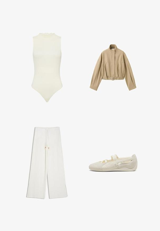 Beige cropped jakke med lange ærmer, høj krave, frontlynlås og justerbart bælte i taljen på hvid baggrund.; Hvid ærmeløs bodysuit med høj hals, prydet med en flæse, lavet af strækbart ribbet materiale, med en tætsiddende silhuet.; Hvide bukser med vide ben og snøre i taljen med små perledetaljer på enderne.; Beige flad sko i ruskind med dobbelte elastiske stropper og tekstureret Puma-logo langs siden, designet til afslappet brug.