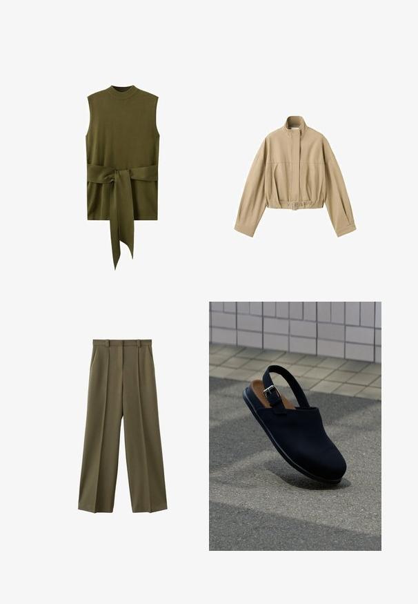Veste courte beige à manches longues, col montant, fermeture éclair à l'avant et ceinture ajustable à la taille sur fond blanc.; Haut sans manches en maille vert olive avec col montant et large ceinture nouée à la taille.; Pantalon à jambes larges vert olive avec passants de ceinture, plis à l'avant, poches latérales et fermeture avant dissimulée.; Chaussure slingback noire à bout fermé avec bride à boucle argentée, semelle intérieure marron, flottant au-dessus d’un bitume gris avec un mur carrelé en arrière-plan.