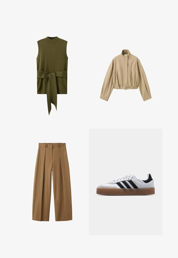 Veste courte beige à manches longues, col montant, fermeture éclair à l'avant et ceinture ajustable à la taille sur fond blanc.; Haut sans manches en maille vert olive avec col montant et large ceinture nouée à la taille.; Pantalon marron taille haute à jambes larges avec fines rayures, plis sur le devant, passants pour ceinture et fermeture éclair dissimulée sur le devant.; Baskets en cuir blanc avec des rayures noires, semelle extérieure en caoutchouc beige, bout rond, fermeture lacée et embout en suède gris doux.