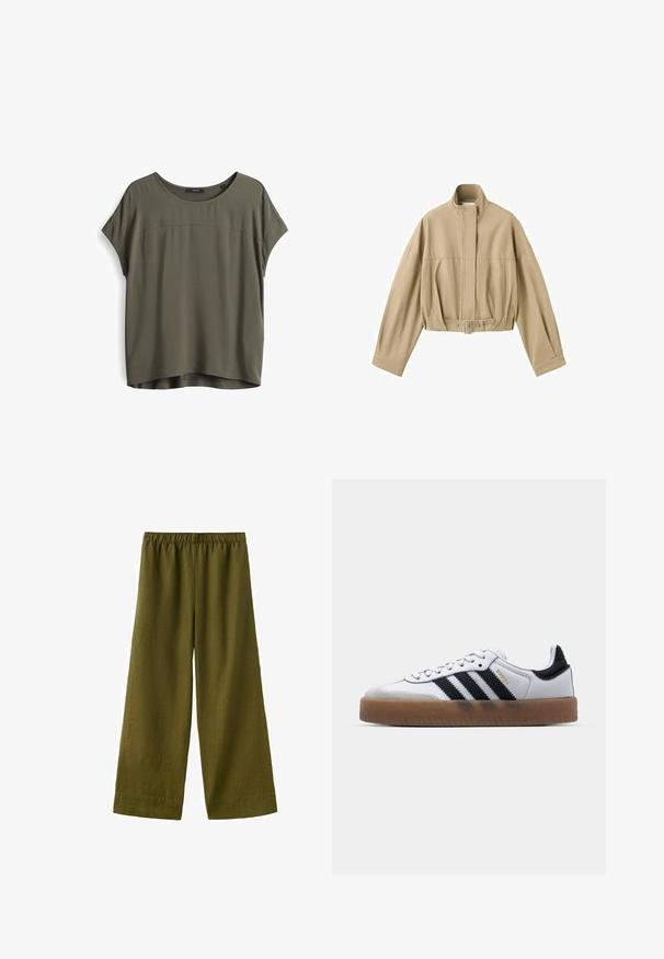 Beige cropped jas met lange mouwen, hoge kraag, rits aan de voorkant en verstelbare riem in de taille op een witte achtergrond.; Olijf groene blouse met korte mouwen, een ronde halslijn, een gladde textuur en een iets langere achterzoom. Eenvoudig ontwerp, casual pasvorm.; Olijfgroene wijde broek met elastische tailleband, gemaakt van lichtgewicht stof.; Witte leren sneakers met zwarte strepen, gumrubberen buitenzool, ronde neus, vetersluiting en een zachte grijze suède neuskap.