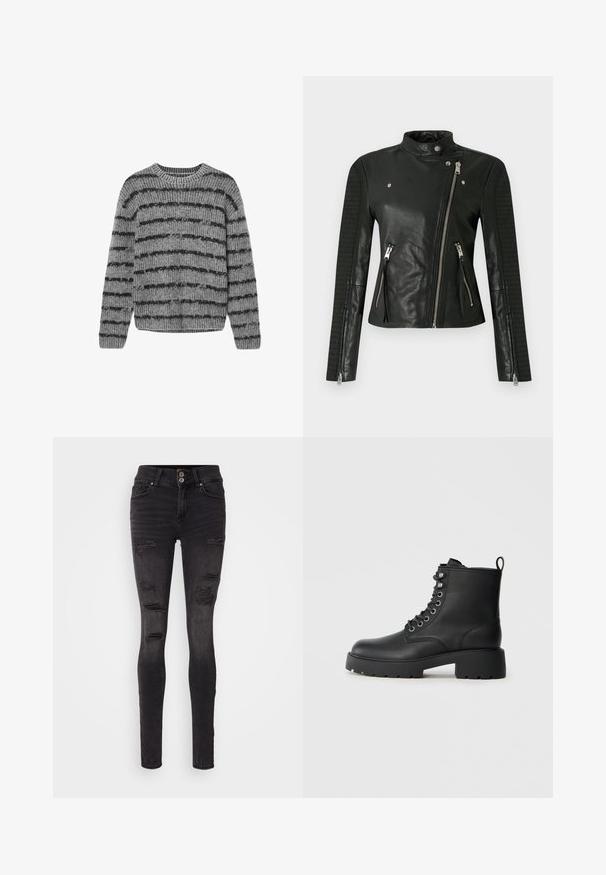 Veste de moto en cuir noir avec col montant, fermeture éclair asymétrique et détails côtelés sur les manches ; comprend deux poches avant zippées.; Pull en tricot gris avec des rayures noires horizontales, col rond et texture côtelée. Il possède des manches longues et un ourlet arrondi.; Jean skinny noir en denim avec un design déchiré comportant plusieurs déchirures et une silhouette ajustée. Fermeture à double bouton à la taille.; Bottines en cuir noir avec un bout arrondi, un laçage à l'avant et une semelle épaisse à relief. Elles possèdent une languette à l'arrière.