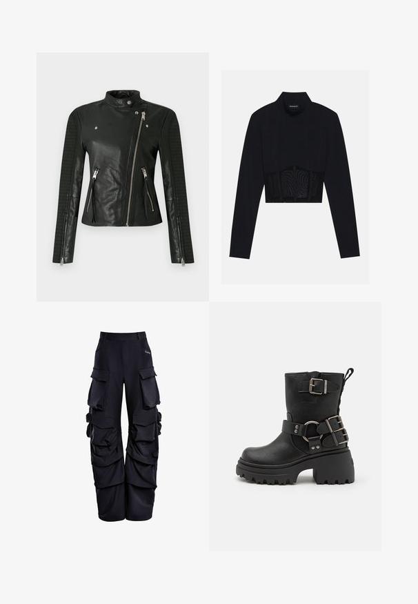 Schwarze Leder-Motorradjacke mit Stehkragen, asymmetrischem Reißverschluss und gerippten Details an den Ärmeln; verfügt über zwei vordere Reißverschlusstaschen.; Schwarzes langärmliges Crop-Top mit hohem Kragen, einem durchsichtigen Netzpaneel an der Taille und strukturierten Nähten für einen taillierten Schnitt.; Schwarze Cargo-Hosen aus strukturiertem Material, mit mehreren großen Taschen, weitem Schnitt und gerafften Details an den Seiten.; Schwarze Leder-Stiefel bis zum Knöchel mit einer klobigen Sohle, Schnallen- und Riemenakzenten sowie einer strukturierten Oberfläche. Verfügt über eine Zuglasche für einfaches An- und Ausziehen.