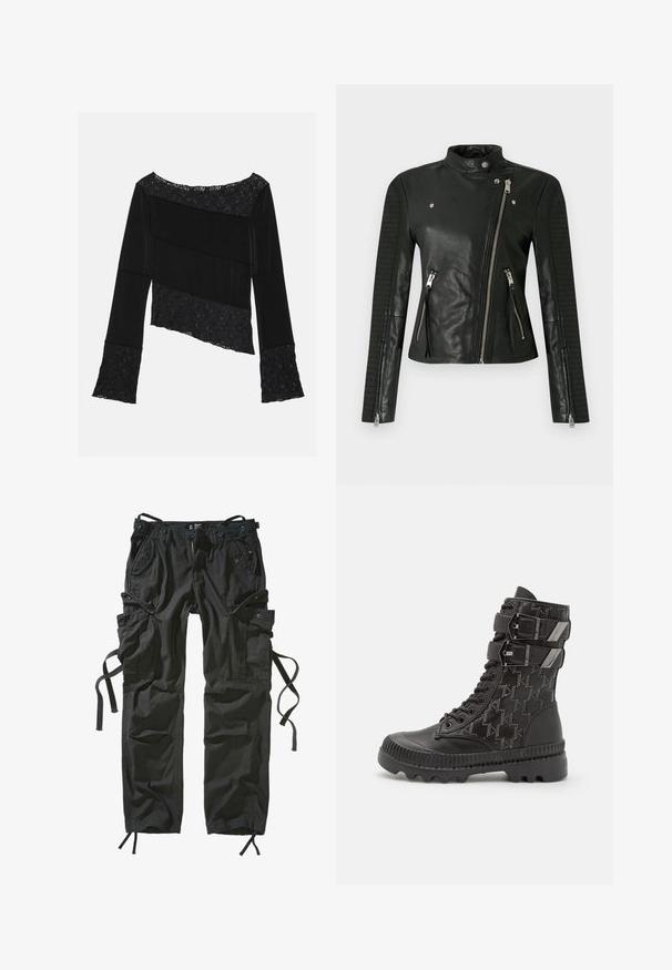 Chaqueta de motociclista de cuero negro con cuello alto, cremallera asimétrica y detalles acanalados en las mangas; cuenta con dos bolsillos frontales con cremallera.; Top negro de manga larga que presenta una combinación de tela suave y acentos de encaje texturizado, con un corte asimétrico y mangas acampanadas.; Pantalones cargo negros hechos de un tejido ligero, con múltiples bolsillos, laterales ajustables con cordón y un ajuste relajado con costuras reforzadas.; Botas de combate negras con parte superior texturizada que presenta un patrón de pata de gallo, dos correas ajustables y una suela robusta.