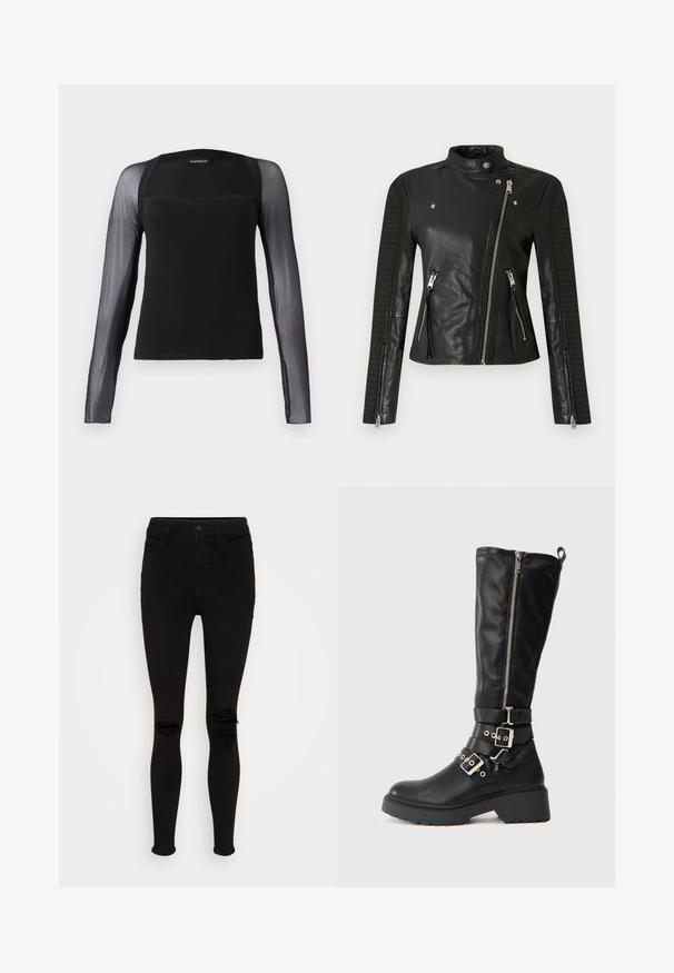 Chaqueta de motociclista de cuero negro con cuello alto, cremallera asimétrica y detalles acanalados en las mangas; cuenta con dos bolsillos frontales con cremallera.; Top negro de manga larga con un cuerpo sólido y mangas de malla negra transparente. Presenta un escote cuadrado y una textura suave.; American Eagle SUPER HIGH RISE - Jeggings - black wash; Botas negras hasta la rodilla de cuero suave, con una cremallera lateral, dos hebillas ajustables con herrajes plateados y una suela gruesa.