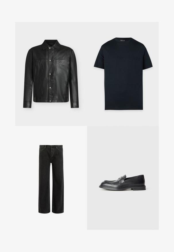 Schwarze Lederjacke mit langen Ärmeln, Druckknopfverschluss vorne und klassischem Kragen, dargestellt auf weißem Hintergrund.; Schwarzes kurzärmeliges T-Shirt mit Rundhalsausschnitt und dezent erhabenem Emporio Armani-Logo auf der Brust vor einfarbigem Hintergrund.; Schwarze, weit geschnittene Jeans aus Denim mit hoher Taille, im klassischen Fünf-Taschen-Design und subtilem Verblassen für eine strukturierte Optik.; Schwarze Lederloafer mit strukturierter Oberfläche, versehen mit einem dekorativen Frontriemen und einer abgerundeten Spitze. Gummisohle für Langlebigkeit.