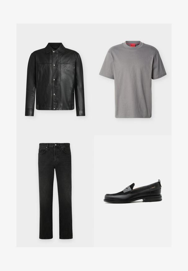 Veste en cuir noire à manches longues, fermeture par boutons-pression sur le devant, col classique, présentée sur un fond blanc uni.; T-shirt gris à manches courtes et col ras du cou avec un logo "HUGO" discret centré sur la poitrine et une étiquette de marque rouge à l'intérieur du col.; Jeans en denim noir à coupe droite, design à cinq poches et fermeture à un seul bouton en métal à la taille. Texture lisse, décoloration minimale.; Mocassin en cuir noir avec détail de bride grise, talon bas et semelle texturée, marqué "HUGO" en or sur le côté.