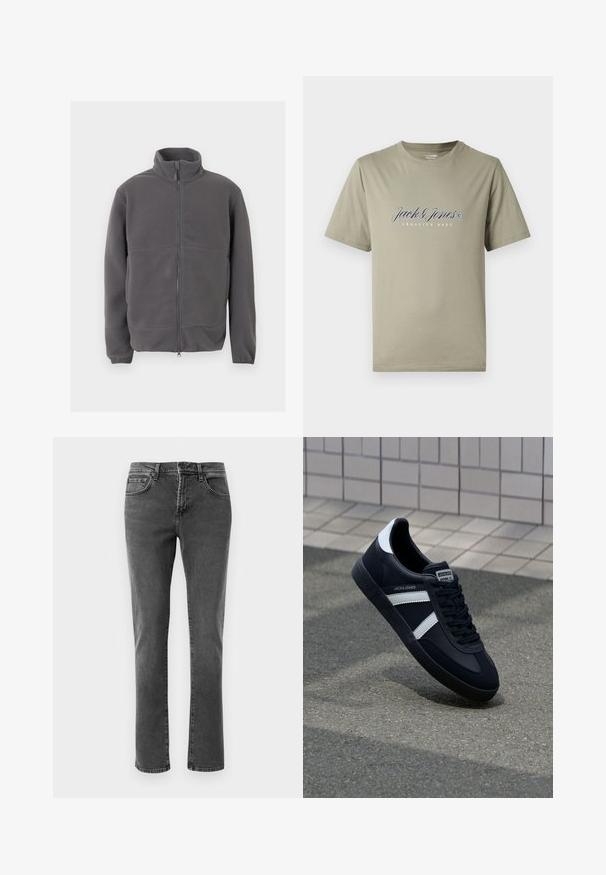 Grå fleecetrøje med fuld lynlås, høj krave, lange ærmer og blødt tekstureret stof, vist mod en lys baggrund.; Olivengrøn bomuld t-shirt med korte ærmer, med hvidt "Jack & Jones" logo og teksten "Creative Dept" i et simpelt, rent design.; Sorte straight-leg denim jeans med front- og baglommer, lynlåslukning og knaplukning på en neutral hvid baggrund.; Sort lædersneaker med hvide striber, tekstureret gummisål og snørrebånd foran. Har et brandet mærke på tungen.