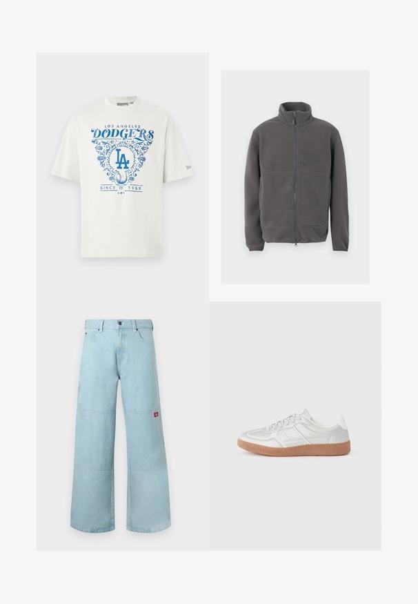 Grau melierte Fleecejacke mit durchgehendem Reißverschluss, hohem Kragen, langen Ärmeln und weichem, strukturiertem Stoff, präsentiert vor hellem Hintergrund.; Weißes Baumwoll-T-Shirt mit blauem Grafiktext "LOS ANGELES DODGERS" und "SINCE 1958" sowie floralen Akzenten und dem "LA"-Logo in der Mitte.; Hellblaue Jeans mit weitem Bein aus Denimstoff und kontrastierenden Patches. Verfügt über eine vordere Knopfleiste und einen kleinen Logo-Patch an der Seitentasche.; Silberne Sneakers mit glatter Textur, Schnürdesign, durchbrochenen Akzenten und einer strukturierten braunen Gummisohle.