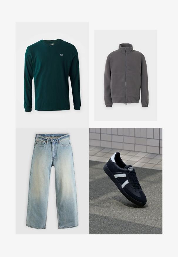 Grijze fleecejas met volledige ritssluiting, hoge kraag, lange mouwen en zachte, gestructureerde stof, weergegeven tegen een lichte achtergrond.; Donkergroene katoenen T-shirt met lange mouwen, een ronde hals en een klein wit logo op de linkerkant van de borst. Gladde textuur, casual fit.; Lichtblauwe, wijde spijkerbroek met een verwaaide afwerking. Voorzien van een standaard ontwerp met vijf zakken en een metalen knoopsluiting.; Zwarte leren sneaker met witte strepen, een gestructureerde rubberen zool en vetersluiting aan de voorkant. Voorzien van een merklabel op de tong.