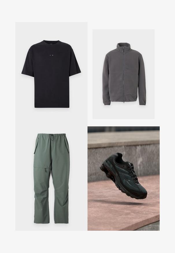 Grijze fleecejas met volledige ritssluiting, hoge kraag, lange mouwen en zachte, gestructureerde stof, weergegeven tegen een lichte achtergrond.; Oakley RISE TEE - T-shirt basic - blackout; Groene, lichte broeken met een elastische tailleband, trekkoord en meerdere zakken. Gladde textuur met een ontspannen, losse pasvorm.; Zwarte atletische sneaker met zichtbare luchtgeveerde tussenzool die boven een roze stenen oppervlak zweeft met een grijze stenen muur op de achtergrond.