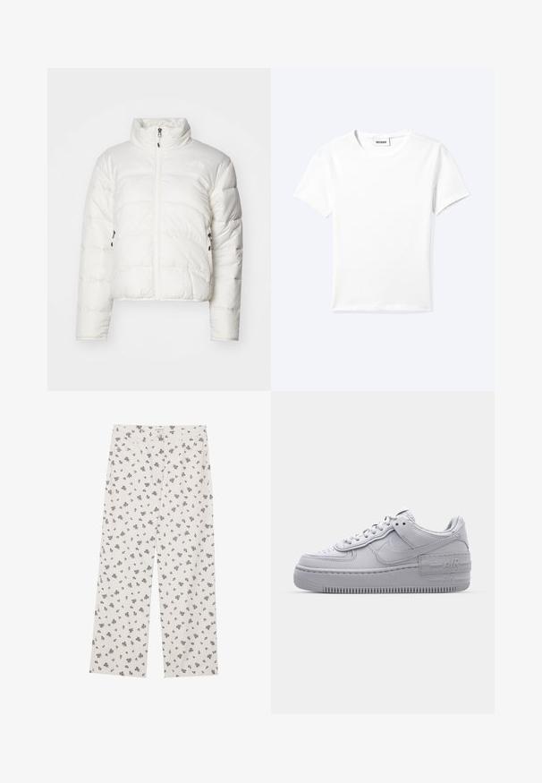 Witte donsjacket met een hoge kraag, een ritssluiting aan de voorkant en twee zijzakken. Bevat een gewatteerd patroon en een subtiel logo op de borst.; Effen wit T-shirt met korte mouwen en ronde hals met een klein "WEEKDAY" label aan de binnenkant van de hals, plat neergelegd op een lichte achtergrond.; Witte stoffen broek met een klein zwart bloemenpatroon, wijde pijpen, en een standaard tailleband met voorzakken.; Grijze Nike Air Force 1 sneaker met geperforeerde neus, glad leren bovenwerk, dikke zool en verhoogde 'AIR' details op de hiel.