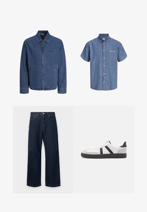 Blaue Jeansjacke mit Reißverschluss, Kragen, langen Ärmeln, Vordertaschen und dezentem gesticktem Logo auf der linken Brust.; Kurzärmliges blaues Jeanshemd mit Knopfleiste und einer Fronttasche auf der linken Seite mit weiß gesticktem Text.; Dunkelblaue Denim-Jeans mit geraden Beinen, die ein klassisches Fünf-Taschen-Design, kontrastierende Nähte und ein kleines farbiges Etikett an der Seite aufweisen.; Weiße Sneaker mit schwarz- und grau-aczenten, ausgestattet mit einer strukturierten grauen Zehenkappe, schwarzer Gummi-Sohle und flachen weißen Schnürsenkeln. Sauberes Design, minimalistische Stil.