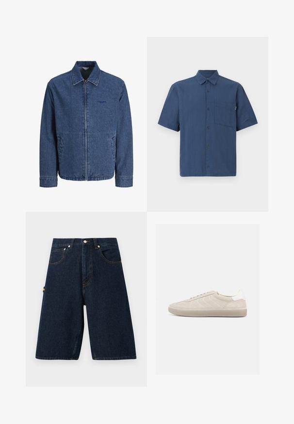 Veste en jean bleu avec fermeture éclair, col, manches longues, poches avant et logo brodé discret sur la poitrine gauche.; Chemise bleu marine à manches courtes, boutonnée, avec poche poitrine et col classique sur un fond uni.; Shorts en denim foncé avec une coupe ample, design à cinq poches et coutures orange contrastantes. Présente une fermeture classique à bouton et à glissière.; Baskets en daim beige avec une tige texturée, un contrefort de talon blanc lisse, de fines lacets et une semelle extérieure en caoutchouc. Présente un design bas profil.