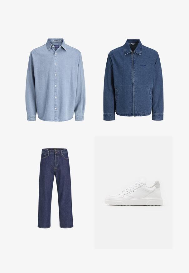 Blauwe denim jas met ritssluiting, kraag, lange mouwen, voorspelzakken en een subtiel geborduurd logo op de linkerborst.; Lichtblauwe denim lange mouw knoophemd met kraag en witte knopen, weergegeven tegen een effen witte achtergrond.; Donkerblauwe spijkerbroek met een rechte snit, vijf zakken, een metalen knoopsluiting en contrasterende stiksels, met een subtiele textuur.; Witte leren sneakers met een gladde afwerking, ronde neus, platte veters en een gestructureerde zool. Grijze suède accent bij de hiel.