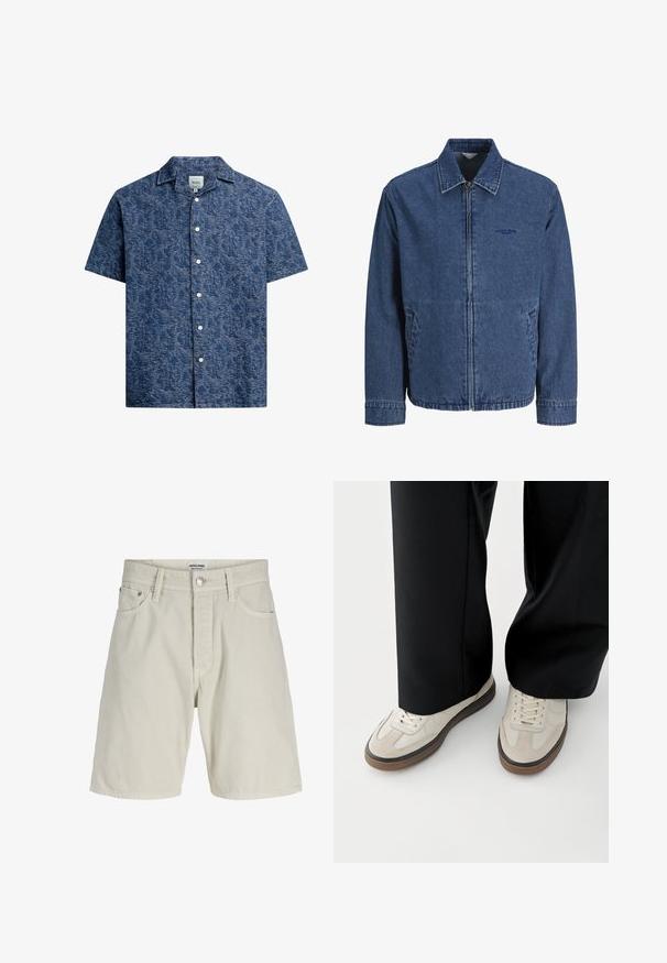 Blå denim jakke med lynlås, krave, lange ærmer, forlommer og diskret broderet logo på venstre bryst.; Kortærmet skjorte med knaplukning i struktureret mørkeblå stof med et subtilt mønster og en klassisk krave. Har hvide knapper foran.; Lyse beige denimshorts med frontknap og lynlås, bæltestropper og fem lommer, vist mod en hvid baggrund.; Fødder iført beige sneakers med brune såler og sorte bukser med vide ben på hvid baggrund.