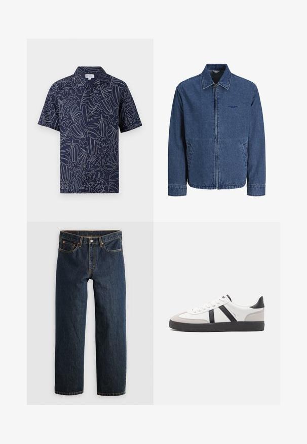 Veste en jean bleu avec fermeture éclair, col, manches longues, poches avant et logo brodé discret sur la poitrine gauche.; Chemise homme bleu marine à manches courtes avec boutons, motifs abstraits blancs de feuilles en lignes et col.; Jean en denim bleu foncé avec une coupe droite. Comprend cinq poches, des surpiqûres contrastantes et une fermeture à bouton à la taille.; Baskets blanches avec des accents noirs et gris, présentant un embout texturé gris, une semelle en caoutchouc noir et des lacets plats blancs. Design épuré, style minimaliste.