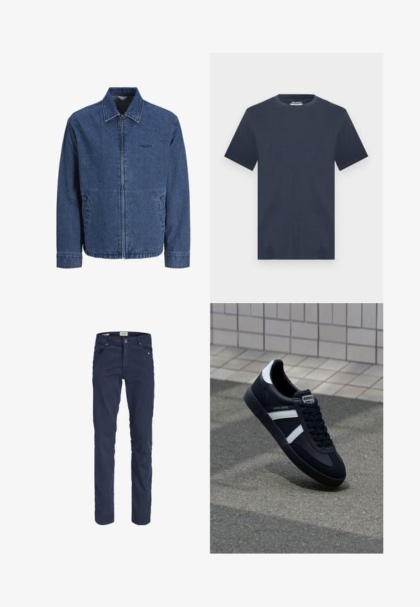 Veste en jean bleu avec fermeture éclair, col, manches longues, poches avant et logo brodé discret sur la poitrine gauche.; T-shirt bleu marine à manches courtes et col rond, coupe décontractée, présenté sur un fond gris clair.; Pantalon homme bleu marine slim fit avec cinq poches, fermeture par boutons et passants pour ceinture, présenté sur fond blanc.; Sneaker en cuir noir avec des rayures blanches, semelle en caoutchouc texturée et devant à lacets. Présente une étiquette de marque sur la languette.